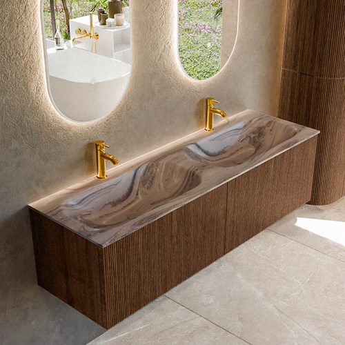 KURVE-DLUX 150cm mueble de baño color Walnut con 2 cajones y sin puerta. Lavabo STOR SMALL Doble 2 orificios Sombra.