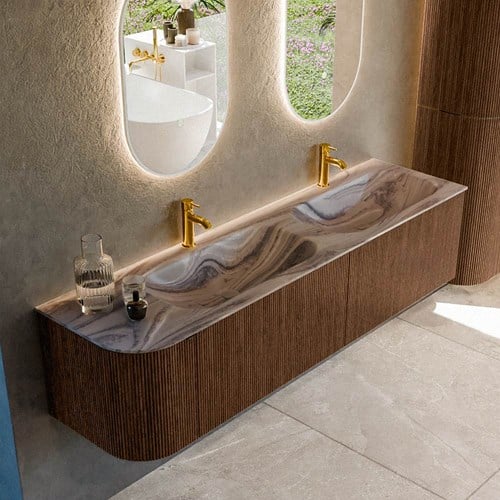 KURVE-DLUX 175cm mueble de baño curva Izquierda color Walnut con 2 cajones y 1 puerta. Lavabo STOR SMALL Doble / Derecho 2 orificios Sombra.