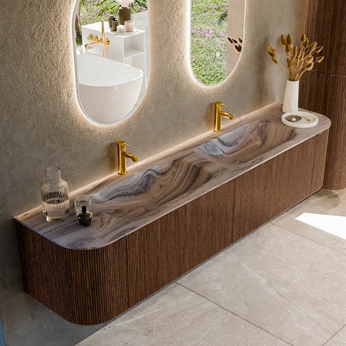 KURVE-DLUX 200cm mueble de baño curva Izquierda + Derecha color Walnut con 2 cajones y 2 puertas. Lavabo STOR SMALL Doble 2 orificios Sombra.
