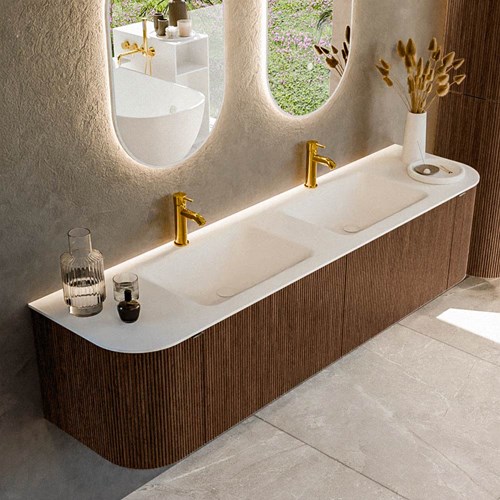 KURVE 180cm mueble de baño curva Izquierda + Derecha color Walnut con 2 cajones y 2 puertas. Lavabo CLOUD Doble 2 orificios Talc.