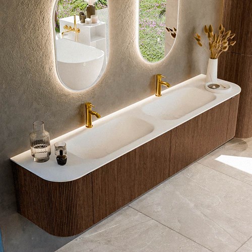 KURVE 200cm mobili da bagno curva Sinistra + Destra colore Walnut con 2 cassetti e 2 porte. Lavabo BIG SMALL Doppio 2 fori del rubinetto, colore Talc.