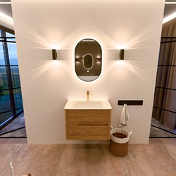 CIRO 70cm bathroom vanity set color Oak with 2 drawers. Vanity top CLOUD Center 1 tab hole, color Talc.