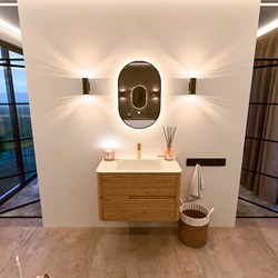 CIRO 80cm bathroom vanity set color Oak with 2 drawers. Vanity top CLOUD Center 1 tab hole, color Talc.