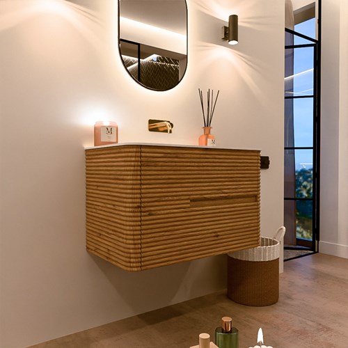 CIRO 80cm bathroom vanity set color Oak with 2 drawers. Vanity top CLOUD Center without tab hole, color Talc.-3