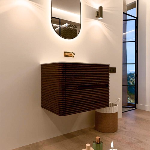 CIRO 70cm mueble de baño color Walnut con 2 cajones. Lavabo CLOUD Centro sin orificio Talc.-3