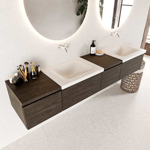 BUKLA 200cm mueble de baño con módulo 40 derecho Dark Brown 4 cajones. Lavabo CLOUD duble sin orificios color Talc