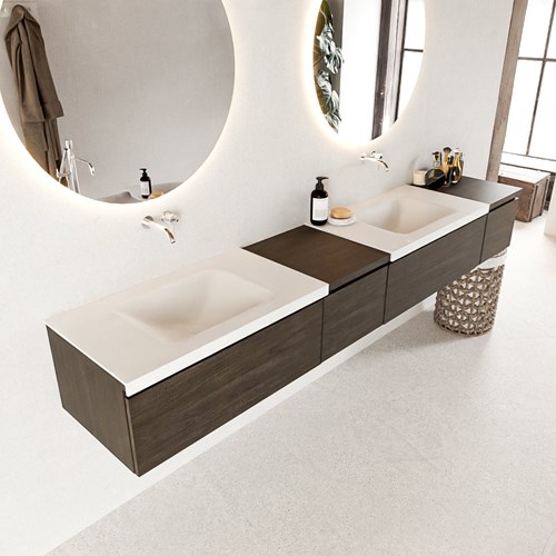 BUKLA 240cm mueble de baño con módulo 40 izquierda Dark Brown 4 cajones. Lavabo CLOUD duble sin orificios color Talc