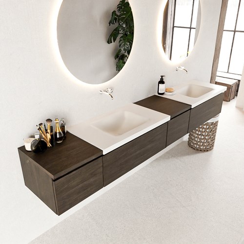 BUKLA 240cm mueble de baño con módulo 40 derecho Dark Brown 4 cajones. Lavabo CLOUD duble sin orificios color Talc
