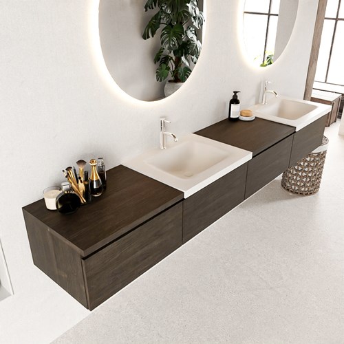 BUKLA 240cm mueble de baño con módulo 60 izquierda Dark Brown 4 cajones. Lavabo CLOUD duble 2 orificios color Talc