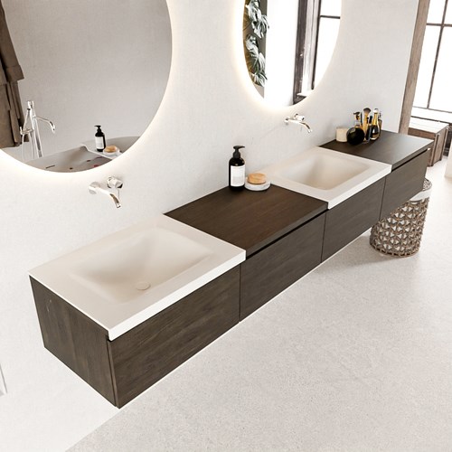 BUKLA 240cm mueble de baño con módulo 60 derecho Dark Brown 4 cajones. Lavabo CLOUD duble sin orificios color Talc