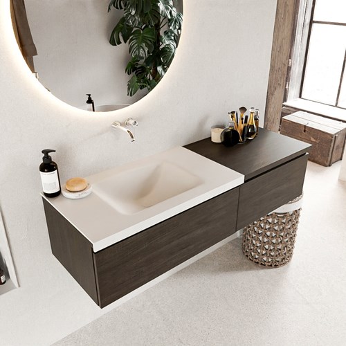 BUKLA 140cm mueble de baño con módulo 60 Dark Brown 2 cajones. Lavabo CLOUD izquierda sin orificios color Talc