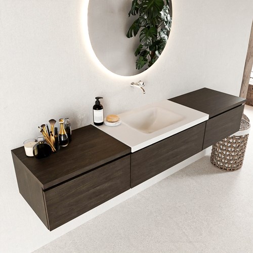 BUKLA 200cm mueble de baño con módulo 60 Dark Brown 3 cajones. Lavabo CLOUD centro sin orificios color Talc