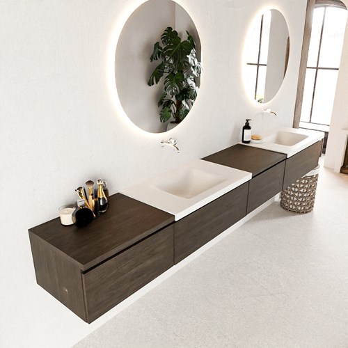 BUKLA 280cm mueble de baño con módulo 60 derecho Dark Brown 4 cajones. Lavabo CLOUD duble sin orificios color Talc