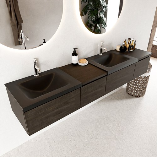 BUKLA 200cm mueble de baño con módulo 40 izquierda Dark Brown 4 cajones. Lavabo CLOUD duble 2 orificios color Urban