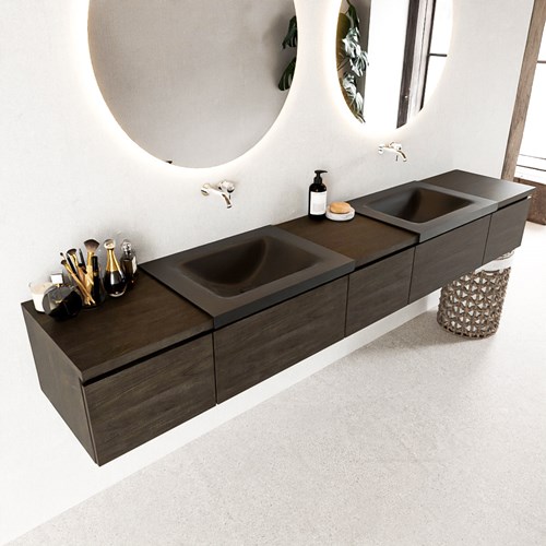 BUKLA 240cm mueble de baño con módulo 40 Dark Brown 5 cajones. Lavabo CLOUD duble sin orificios color Urban