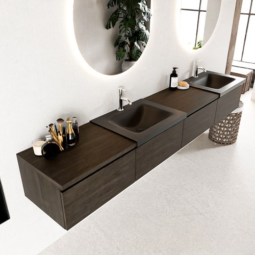 BUKLA 240cm mueble de baño con módulo 60 izquierda Dark Brown 4 cajones. Lavabo CLOUD duble 2 orificios color Urban