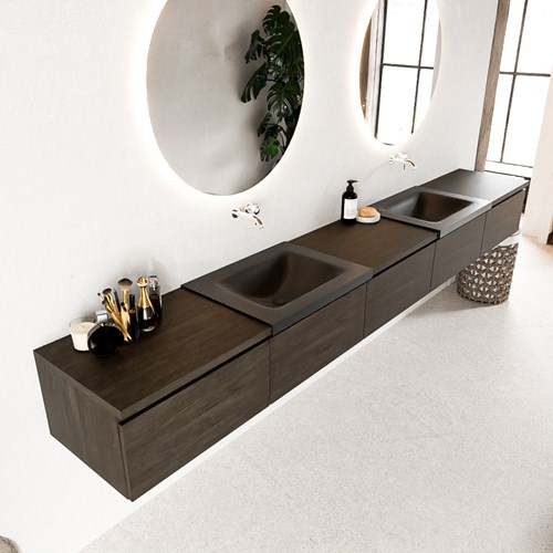 BUKLA 300cm mueble de baño con módulo 60 Dark Brown 5 cajones. Lavabo CLOUD duble sin orificios color Urban