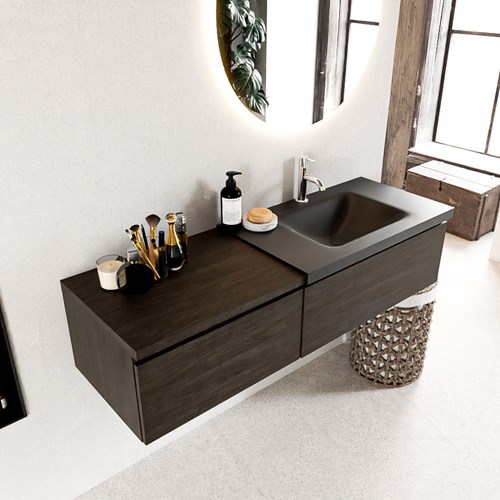 BUKLA 140cm mueble de baño con módulo 60 Dark Brown 2 cajones. Lavabo CLOUD derecho 1 orificio color Urban