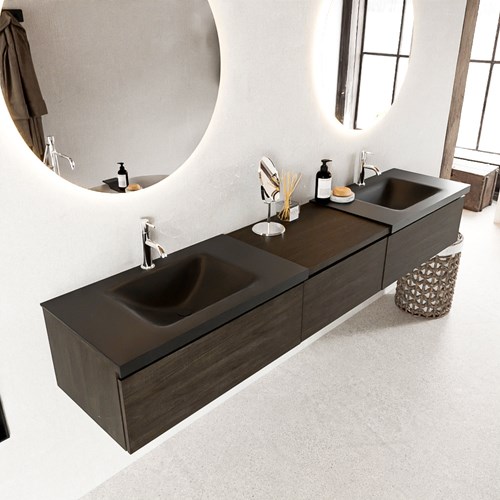 BUKLA 220cm mueble de baño con módulo 60 Dark Brown 3 cajones. Lavabo CLOUD duble 2 orificios color Urban