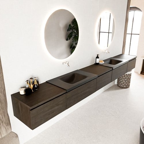 BUKLA 340cm mueble de baño con módulo 60 Dark Brown 5 cajones. Lavabo CLOUD duble sin orificios color Urban