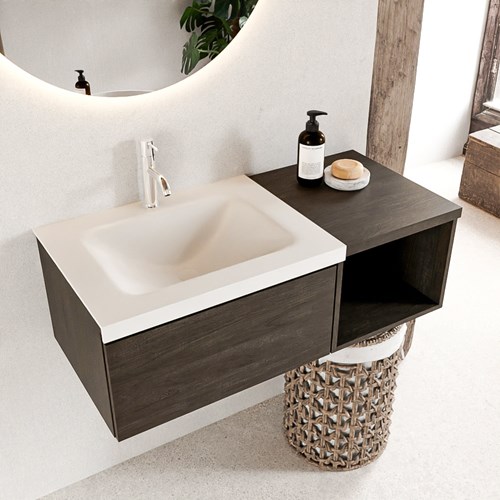 BUKLA 100cm mueble de baño con módulo abierto 40 Dark Brown 1 cajón. Lavabo CLOUD izquierda 1 orificio color Talc