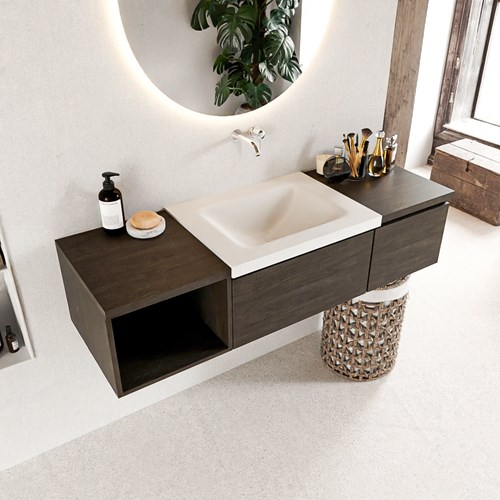 BUKLA 140cm mueble de baño con módulo abierto 40 izquierda Dark Brown 2 cajones. Lavabo CLOUD centro sin orificios color Talc