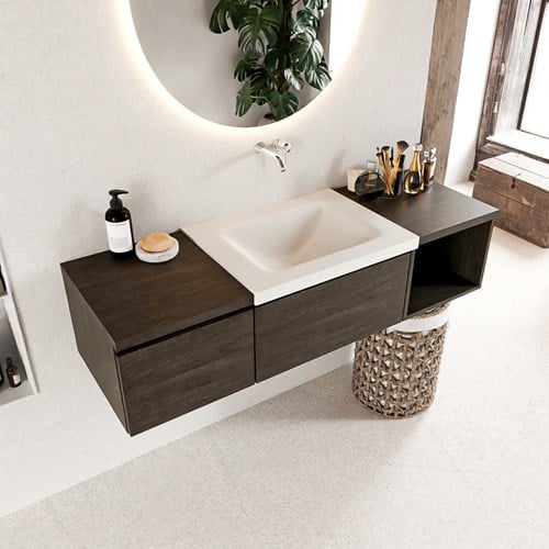 BUKLA 140cm mueble de baño con módulo abierto 40 derecho Dark Brown 2 cajones. Lavabo CLOUD centro sin orificios color Talc