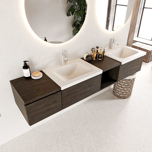 BUKLA 200cm mueble de baño con módulo abierto 40 derecho Dark Brown 3 cajones. Lavabo CLOUD duble 2 orificios color Talc