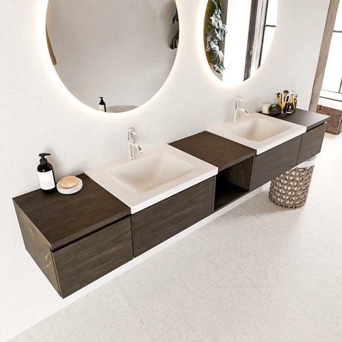 BUKLA 240cm mueble de baño con módulo abierto 40 centro Dark Brown 4 cajones. Lavabo CLOUD duble 2 orificios color Talc
