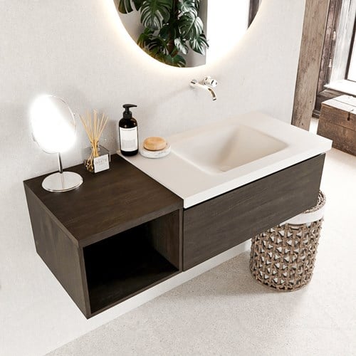 BUKLA 120cm mueble de baño con módulo abierto 40 Dark Brown 1 cajón. Lavabo CLOUD derecho sin orificios color Talc