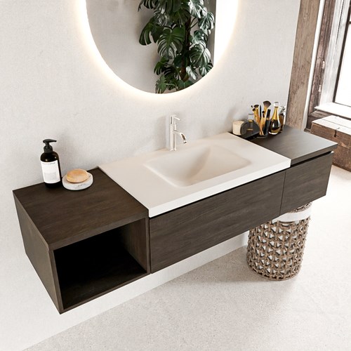 BUKLA 160cm mueble de baño con módulo abierto 40 izquierda Dark Brown 2 cajones. Lavabo CLOUD centro 1 orificio color Talc