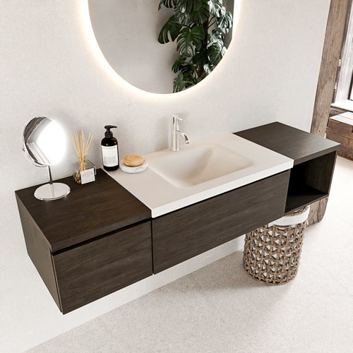 BUKLA 160cm mueble de baño con módulo abierto 40 derecho Dark Brown 2 cajones. Lavabo CLOUD centro 1 orificio color Talc