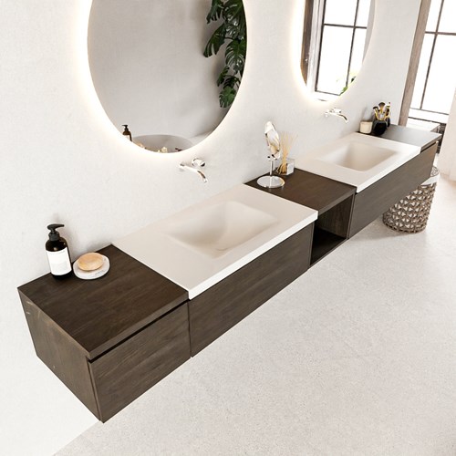 BUKLA 280cm mueble de baño con módulo abierto 40 centro Dark Brown 4 cajones. Lavabo CLOUD duble sin orificios color Talc