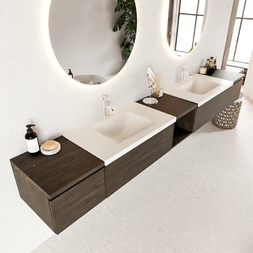 BUKLA 280cm mueble de baño con módulo abierto 40 centro Dark Brown 4 cajones. Lavabo CLOUD duble 2 orificios color Talc