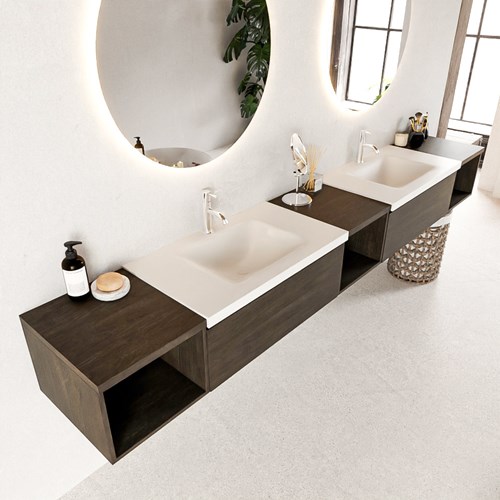 BUKLA 280cm mueble de baño con módulo abierto 40 izquierda + centro + derecho Dark Brown 2 cajones. Lavabo CLOUD duble 2 orificios color Talc