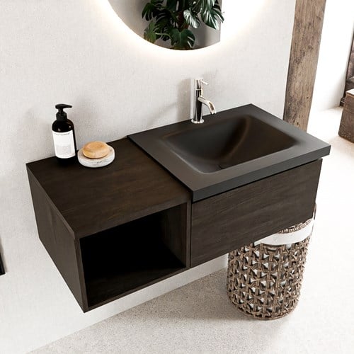 BUKLA 100cm mueble de baño con módulo abierto 40 Dark Brown 1 cajón. Lavabo CLOUD derecho 1 orificio color Urban
