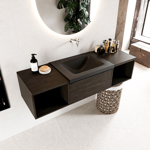 BUKLA 140cm mueble de baño con módulo abierto 40 I+D Dark Brown 1 cajón. Lavabo CLOUD centro sin orificios color Urban