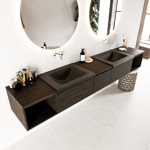 BUKLA 240cm mueble de baño con módulo abierto 40 I+D Dark Brown 3 cajones. Lavabo CLOUD duble sin orificios color Urban