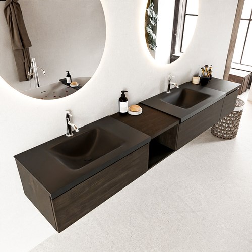 BUKLA 240cm mueble de baño con módulo abierto 40 izquierda Dark Brown 3 cajones. Lavabo CLOUD duble 2 orificios color Urban