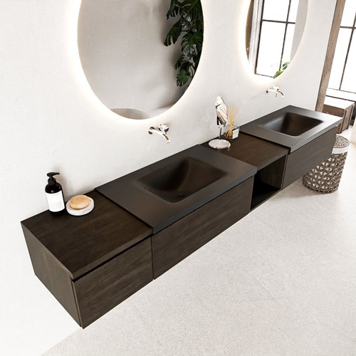 BUKLA 240cm mueble de baño con módulo abierto 40 derecho Dark Brown 3 cajones. Lavabo CLOUD duble sin orificios color Urban