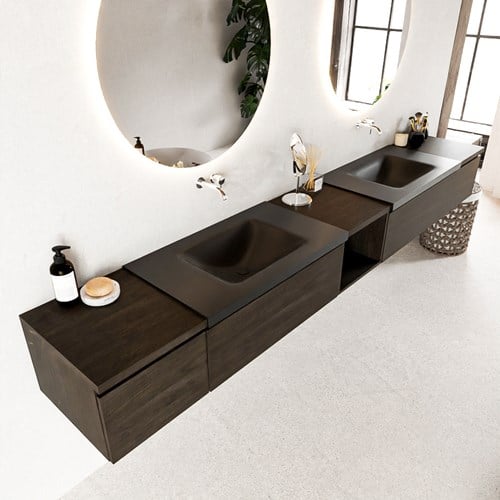 BUKLA 280cm mueble de baño con módulo abierto 40 centro Dark Brown 4 cajones. Lavabo CLOUD duble sin orificios color Urban