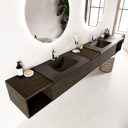 BUKLA 280cm mueble de baño con módulo abierto 40 I+D Dark Brown 3 cajones. Lavabo CLOUD duble 2 orificios color Urban