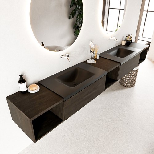 BUKLA 280cm mueble de baño con módulo abierto 40 izquierda + centro + derecho Dark Brown 2 cajones. Lavabo CLOUD duble sin orificios color Urban