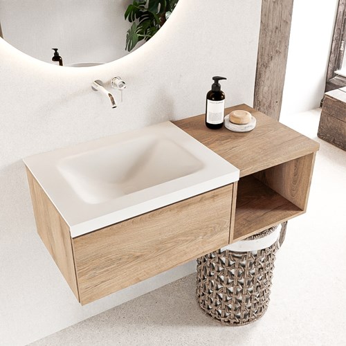 BUKLA 100cm mueble de baño con módulo abierto 40 Washed Oak 1 cajón. Lavabo CLOUD izquierda sin orificios color Talc