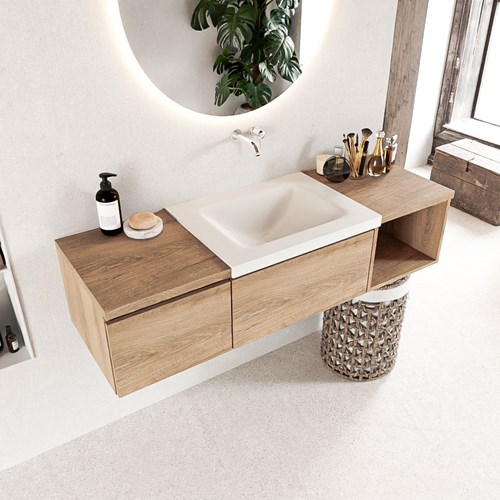BUKLA 140cm mueble de baño con módulo abierto 40 derecho Washed Oak 2 cajones. Lavabo CLOUD centro sin orificios color Talc