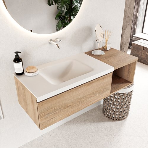 BUKLA 120cm mueble de baño con módulo abierto 40 Washed Oak 1 cajón. Lavabo CLOUD izquierda sin orificios color Talc