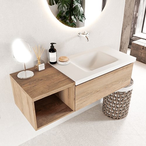 BUKLA 120cm mueble de baño con módulo abierto 40 Washed Oak 1 cajón. Lavabo CLOUD derecho sin orificios color Talc