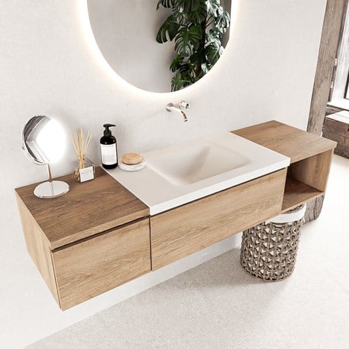 BUKLA 160cm mueble de baño con módulo abierto 40 derecho Washed Oak 2 cajones. Lavabo CLOUD centro sin orificios color Talc