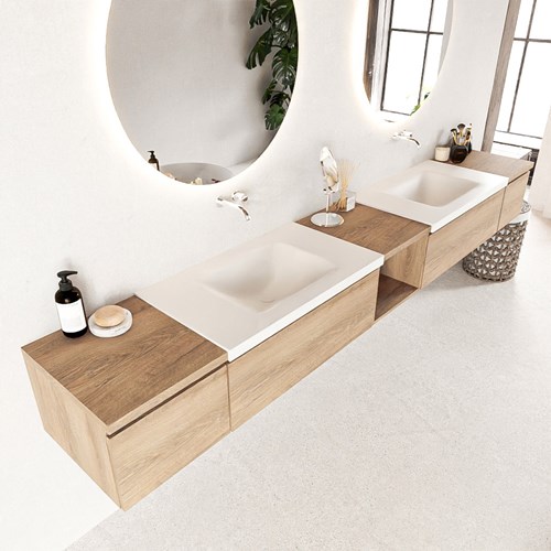BUKLA 280cm mueble de baño con módulo abierto 40 centro Washed Oak 4 cajones. Lavabo CLOUD duble sin orificios color Talc