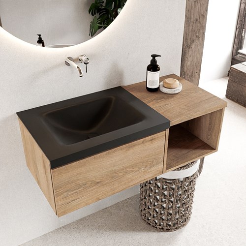 BUKLA 100cm mueble de baño con módulo abierto 40 Washed Oak 1 cajón. Lavabo CLOUD izquierda sin orificios color Urban